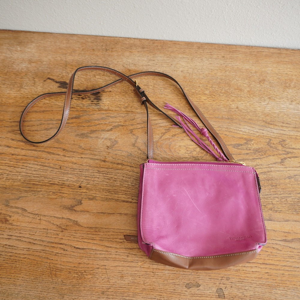 Tignanello Pink Leather Crossbody‎ Bag Organizer Purse Brown Trim Tassel Casual